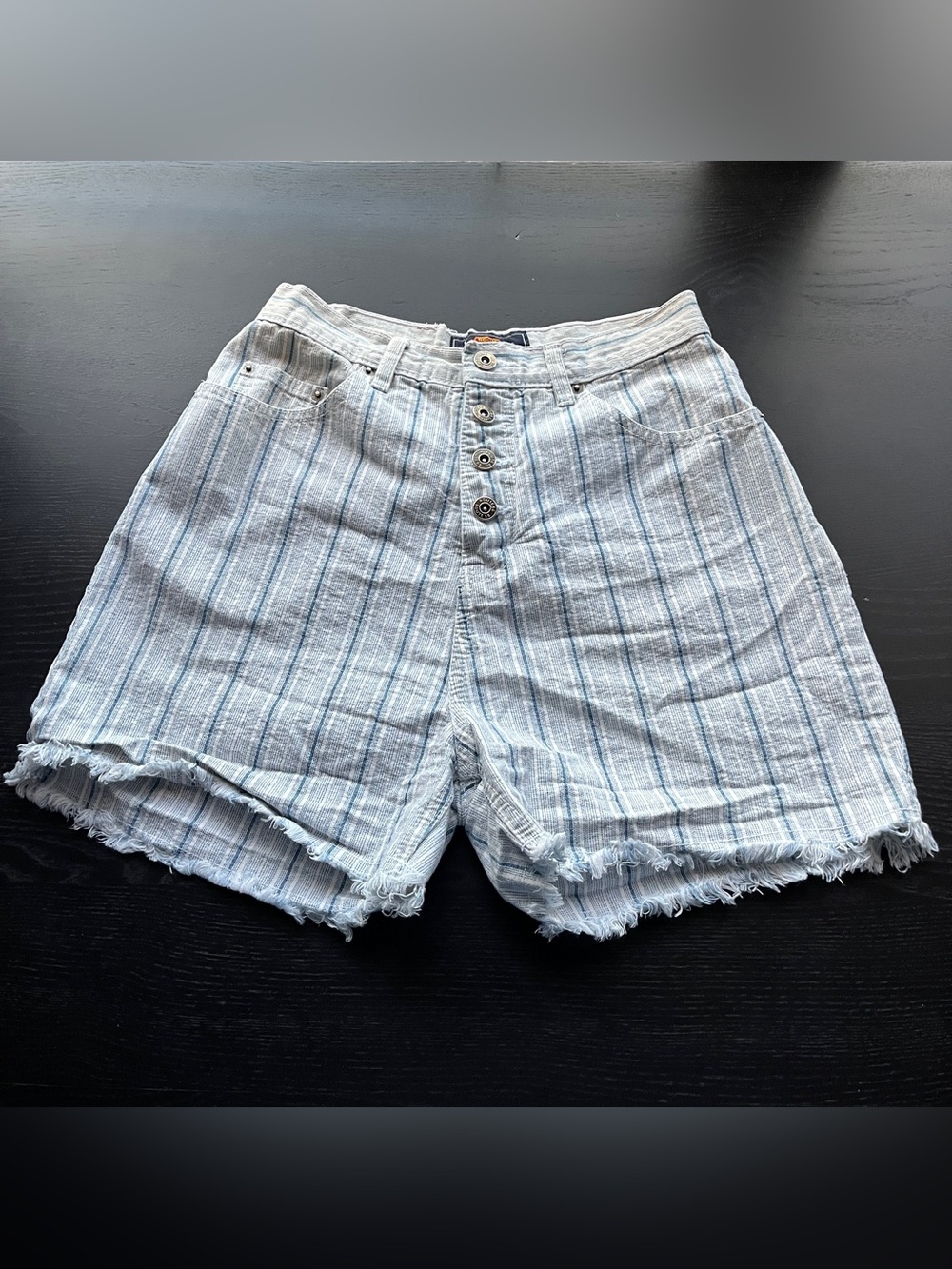 Route 66 Striped Denim High Rise Frayed Button Fly Shorts Size 7/8 Vintage